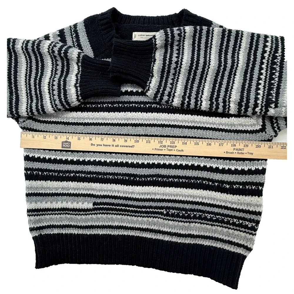 Lucky Brand Womens Striped Knit Sweater‎ Medium Black White Crewneck Textured